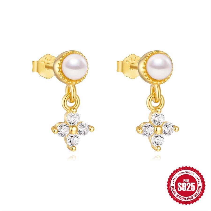 1 Pair 925 Sterling Silver Zircon 925 Sterling Silver Earrings Geometric Flower Drop Earrings - Love Mi