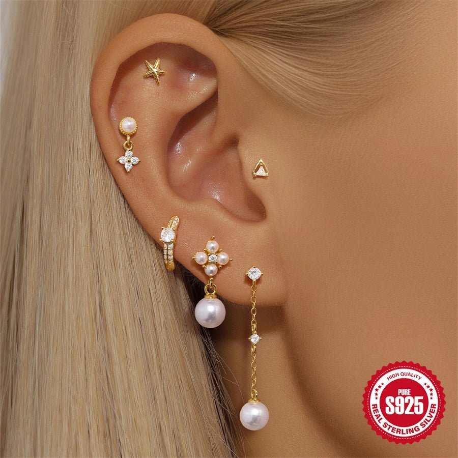 1 Pair 925 Sterling Silver Zircon 925 Sterling Silver Earrings Geometric Flower Drop Earrings - Love Mi