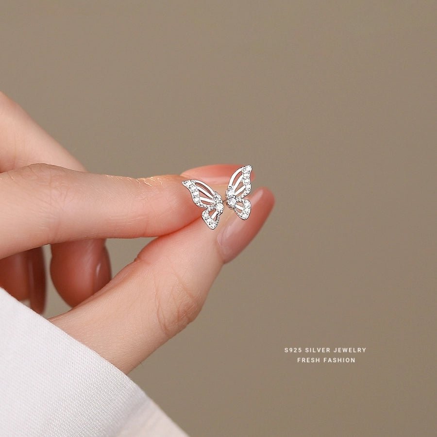 1 Pair 925 Sterling Silver Zircon Butterfly Ear Studs - Love Mi