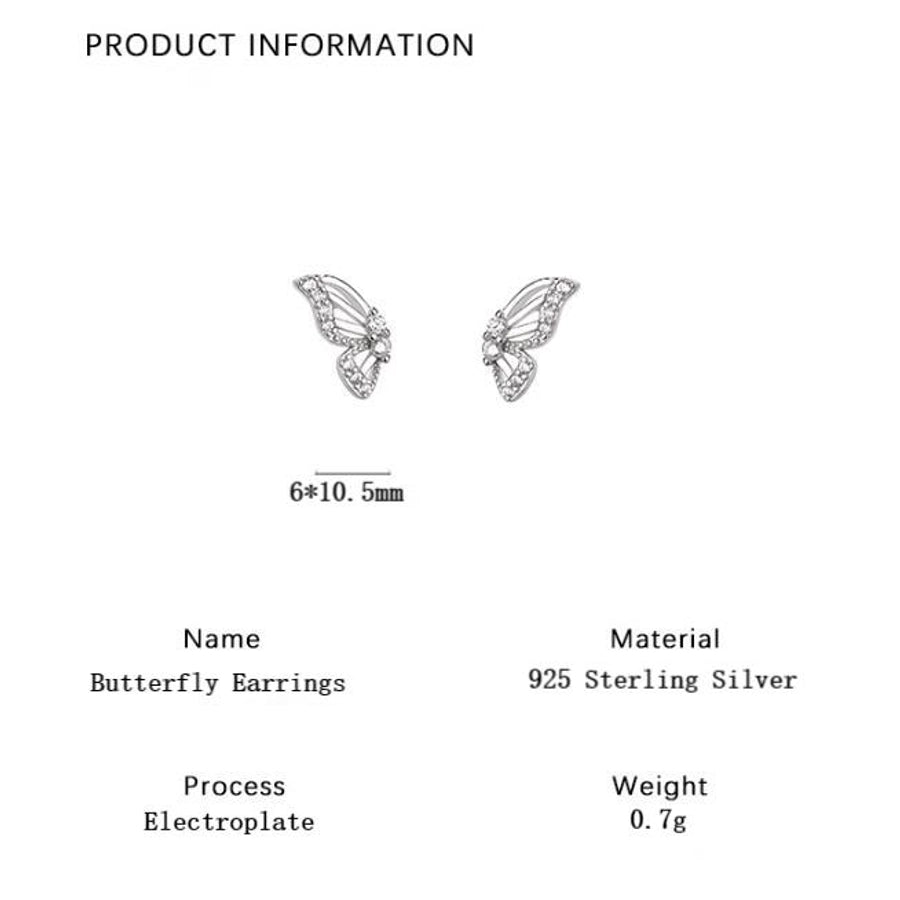 1 Pair 925 Sterling Silver Zircon Butterfly Ear Studs - Love Mi