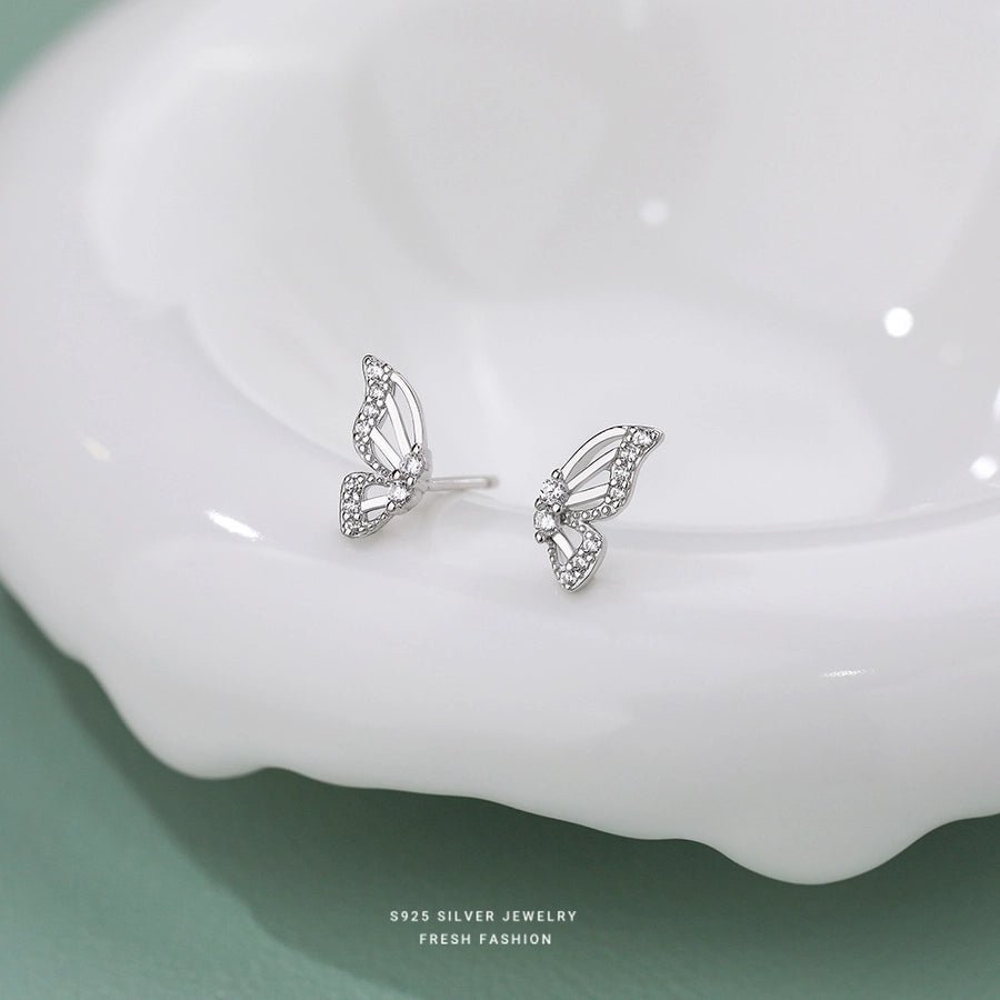 1 Pair 925 Sterling Silver Zircon Butterfly Ear Studs - Love Mi