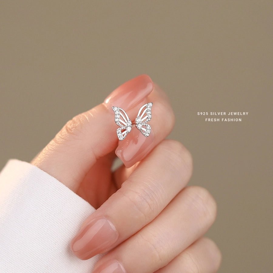 1 Pair 925 Sterling Silver Zircon Butterfly Ear Studs - Love Mi
