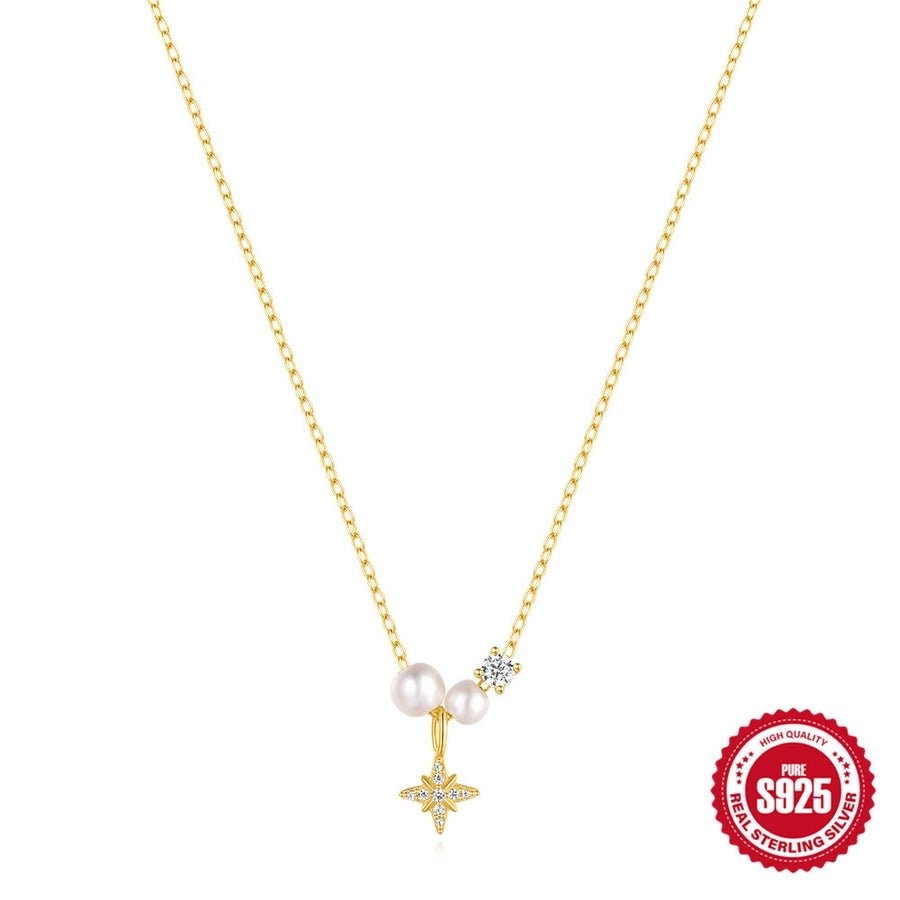 925 Sterling Silver Plastic Beads Zircon cable chain Plating Eight awn star Pendant Necklace - Love Mi