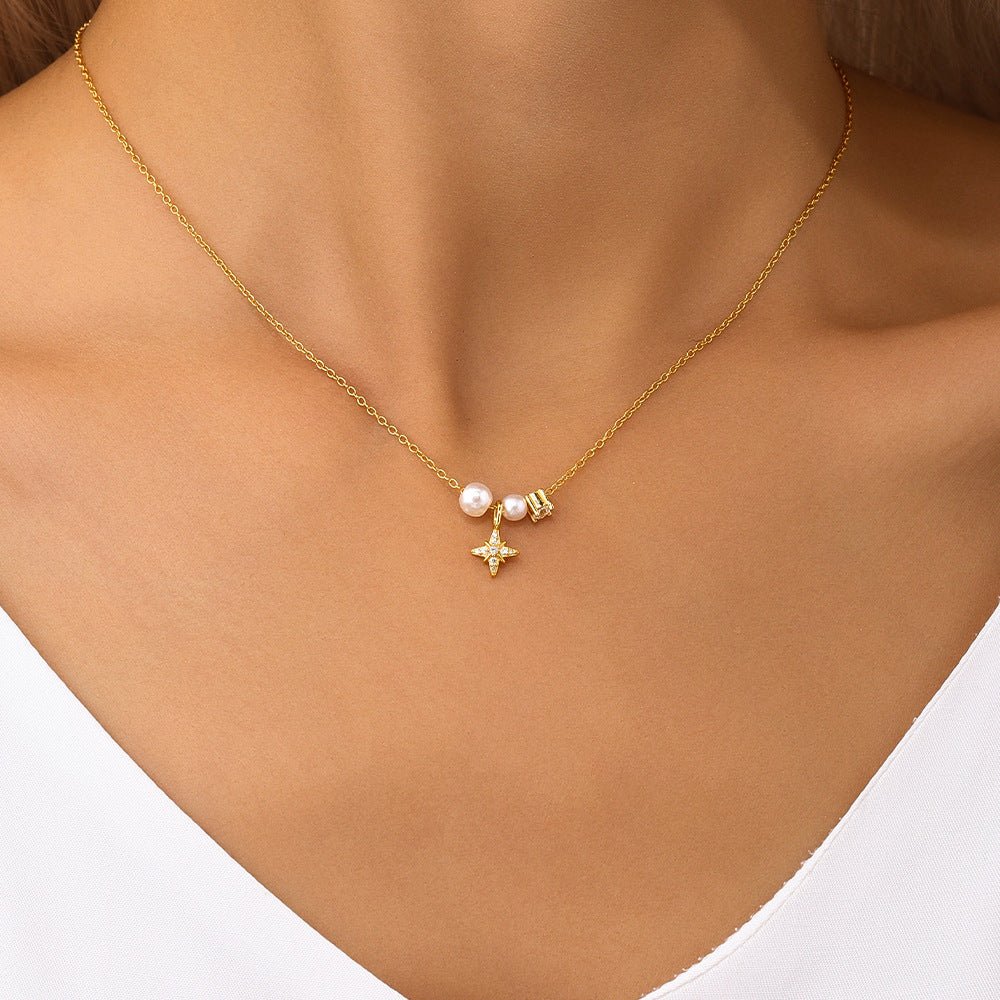 925 Sterling Silver Plastic Beads Zircon cable chain Plating Eight awn star Pendant Necklace - Love Mi