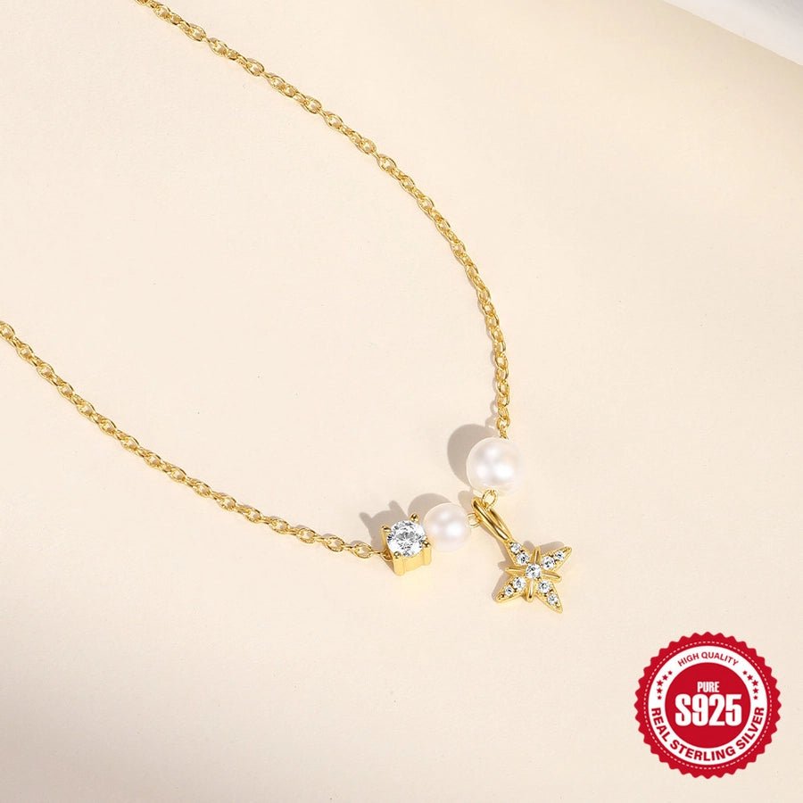 925 Sterling Silver Plastic Beads Zircon cable chain Plating Eight awn star Pendant Necklace - Love Mi