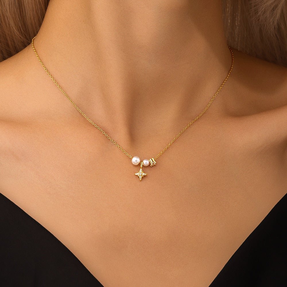 925 Sterling Silver Plastic Beads Zircon cable chain Plating Eight awn star Pendant Necklace - Love Mi