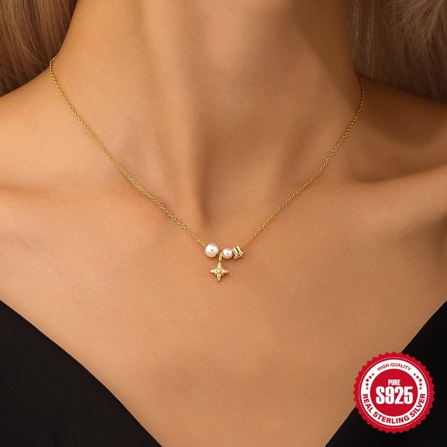 925 Sterling Silver Plastic Beads Zircon cable chain Plating Eight awn star Pendant Necklace - Love Mi