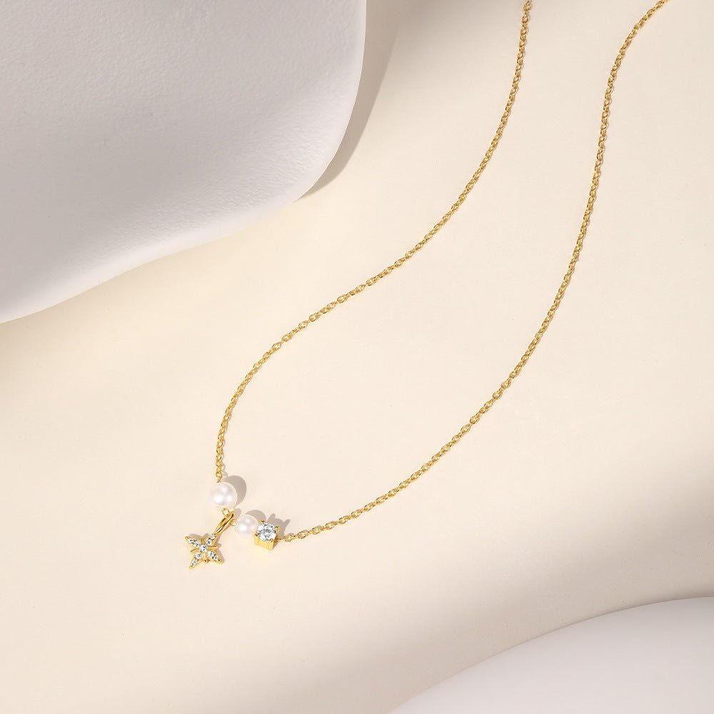 925 Sterling Silver Plastic Beads Zircon cable chain Plating Eight awn star Pendant Necklace - Love Mi