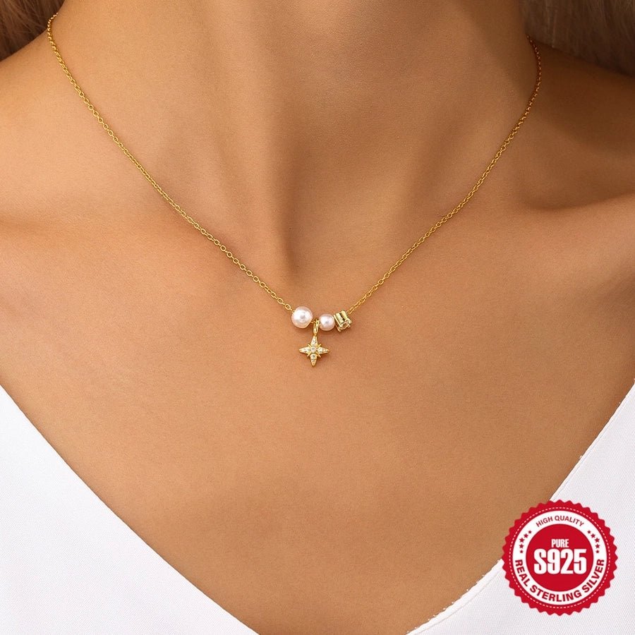 925 Sterling Silver Plastic Beads Zircon cable chain Plating Eight awn star Pendant Necklace - Love Mi