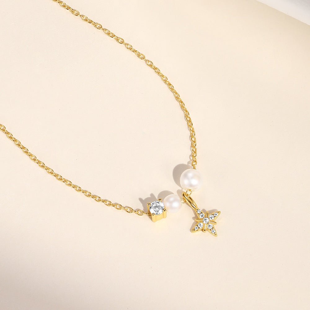925 Sterling Silver Plastic Beads Zircon cable chain Plating Eight awn star Pendant Necklace - Love Mi