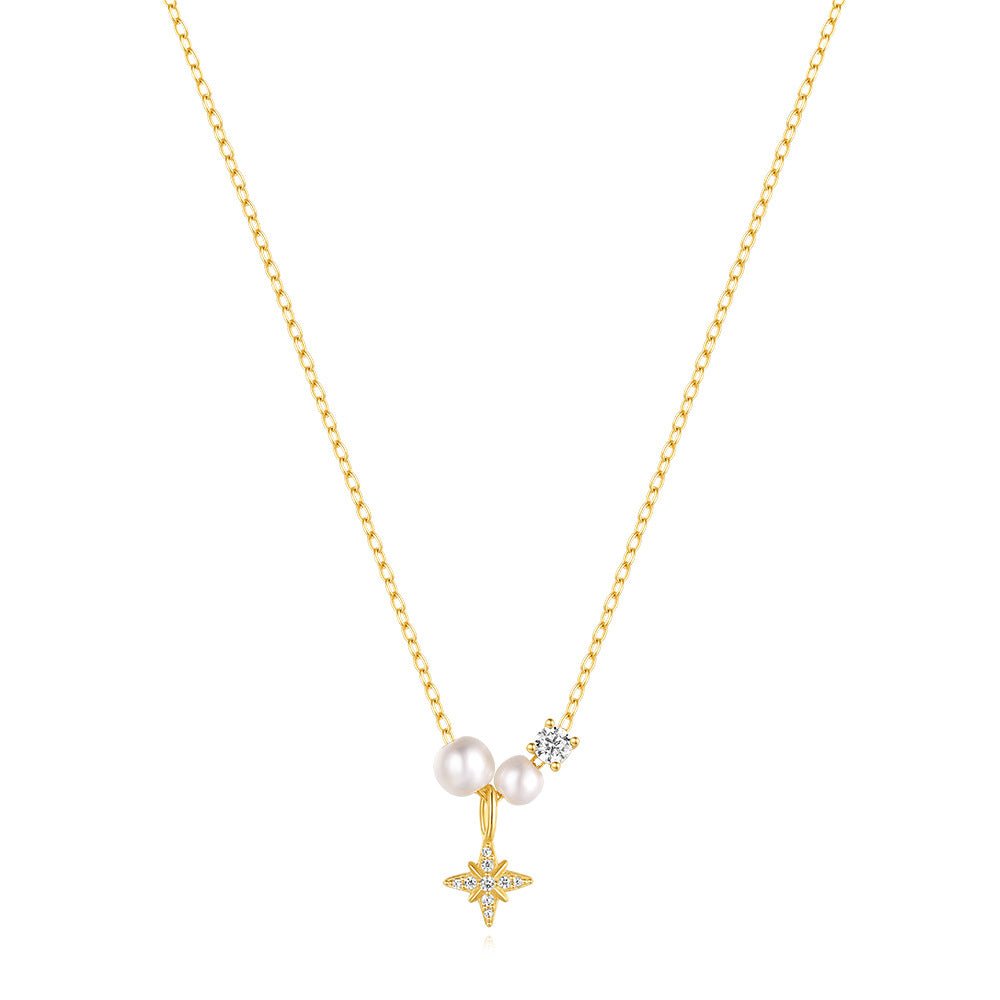 925 Sterling Silver Plastic Beads Zircon cable chain Plating Eight awn star Pendant Necklace - Love Mi