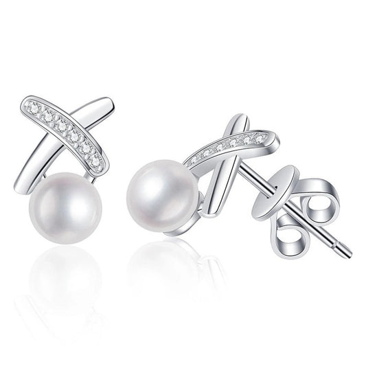 1 Pair 925 Sterling Silver Artificial Pearls High Carbon Diamond 925 Sterling Silver Earrings Geometric Ear Studs - Love Mi