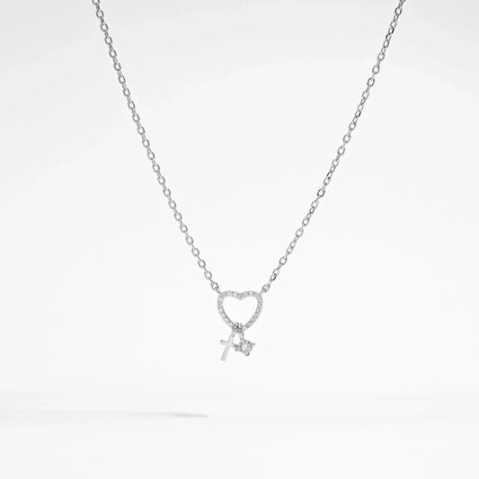 925 Sterling Silver Plated Zircon cable chain Inlay Cross Heart Shape Pendant Necklace - Love Mi