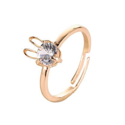 new cute rabbit copper inlaid zircon ring opening adjustable ring - Love Mi