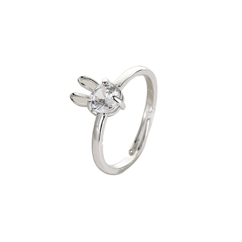 new cute rabbit copper inlaid zircon ring opening adjustable ring - Love Mi