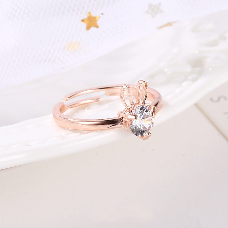 new cute rabbit copper inlaid zircon ring opening adjustable ring - Love Mi