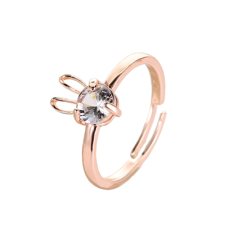 new cute rabbit copper inlaid zircon ring opening adjustable ring - Love Mi