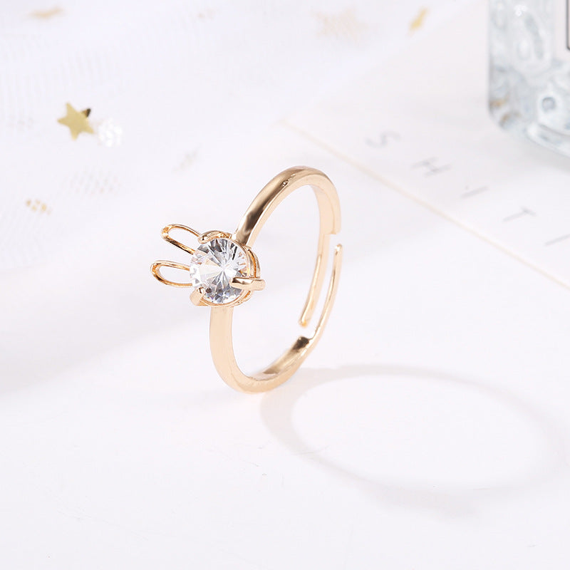 new cute rabbit copper inlaid zircon ring opening adjustable ring - Love Mi