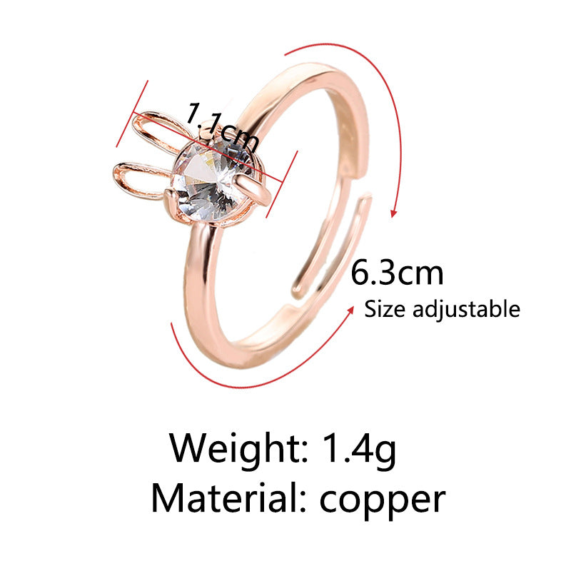 new cute rabbit copper inlaid zircon ring opening adjustable ring - Love Mi