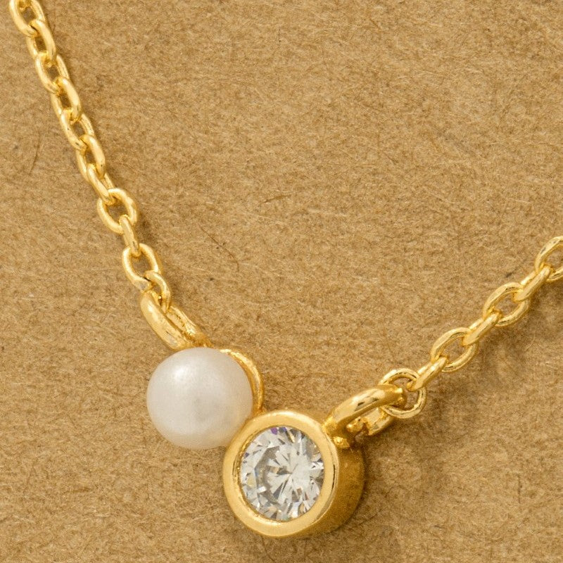 18K Gold Plated Mini Pearl And Cz Stud Charm Necklace