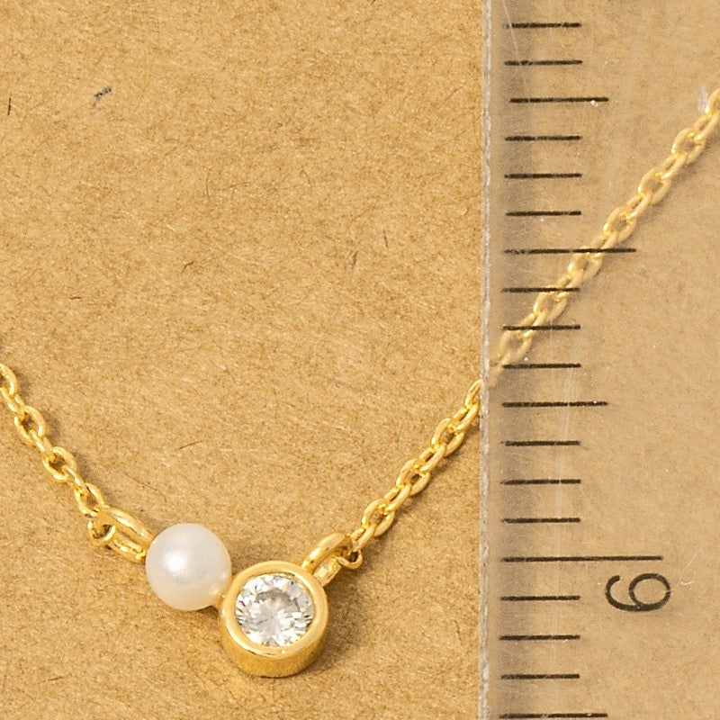 18K Gold Plated Mini Pearl And Cz Stud Charm Necklace