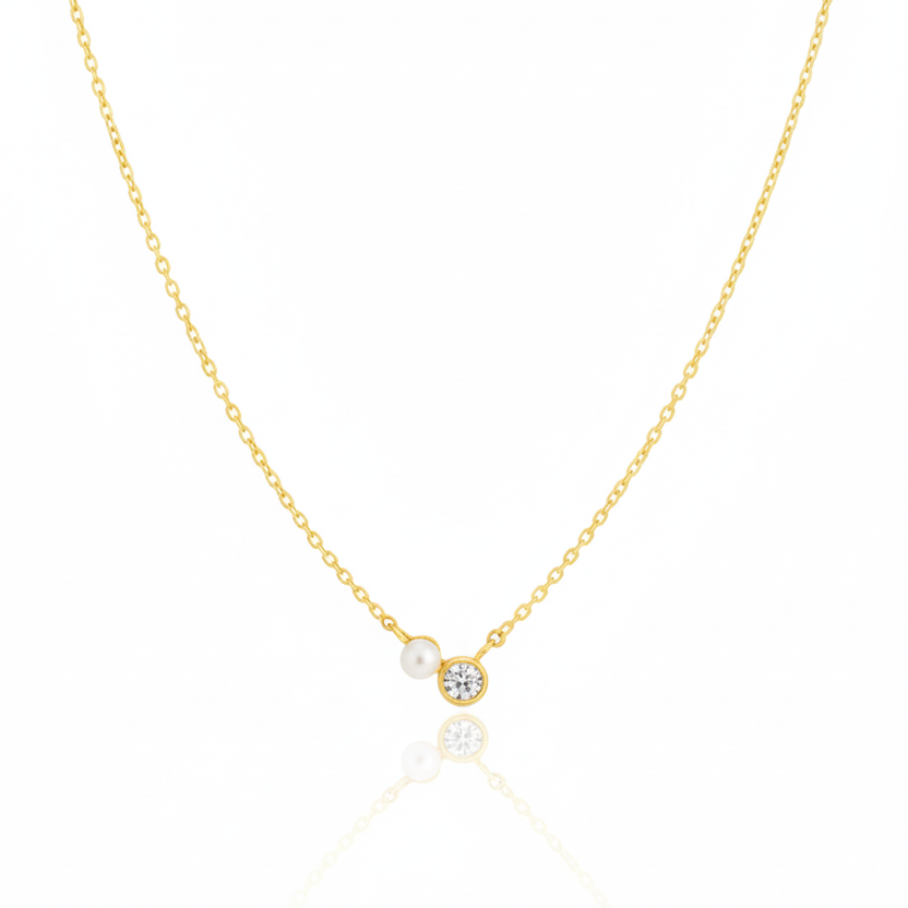 18K Gold Plated Mini Pearl And Cz Stud Charm Necklace