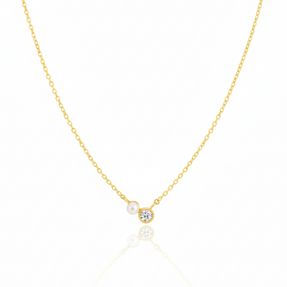 18K Gold Plated Mini Pearl And Cz Stud Charm Necklace