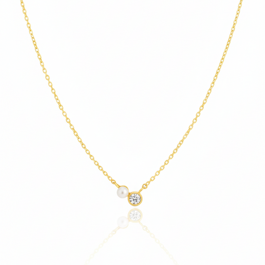 18K Gold Plated Mini Pearl And Cz Stud Charm Necklace
