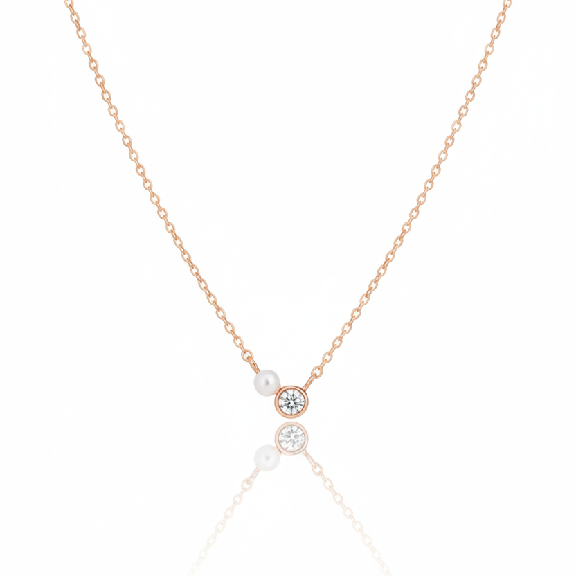 18K Gold Plated Mini Pearl And Cz Stud Charm Necklace