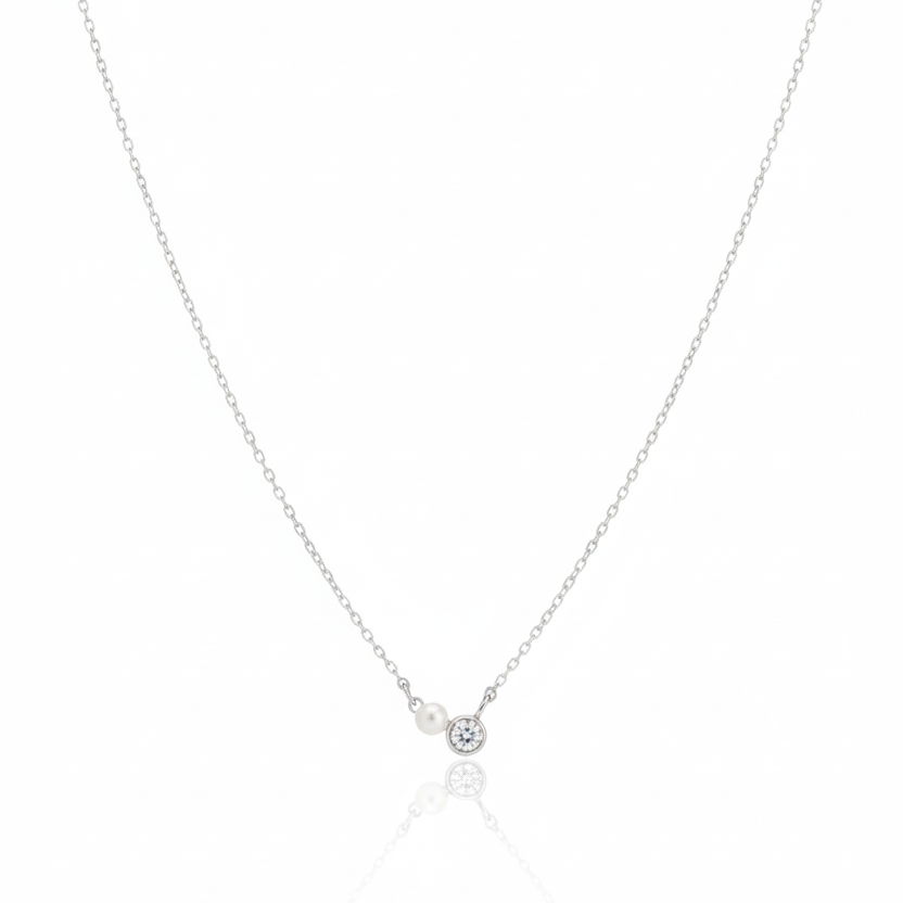 18K Gold Plated Mini Pearl And Cz Stud Charm Necklace