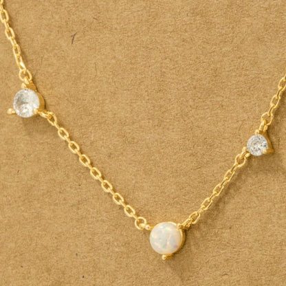 18K Gold Plated Cz Stud And Gemstone Charm Necklace