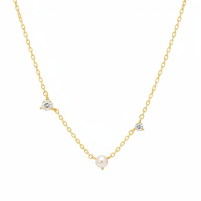 18K Gold Plated Cz Stud And Gemstone Charm Necklace