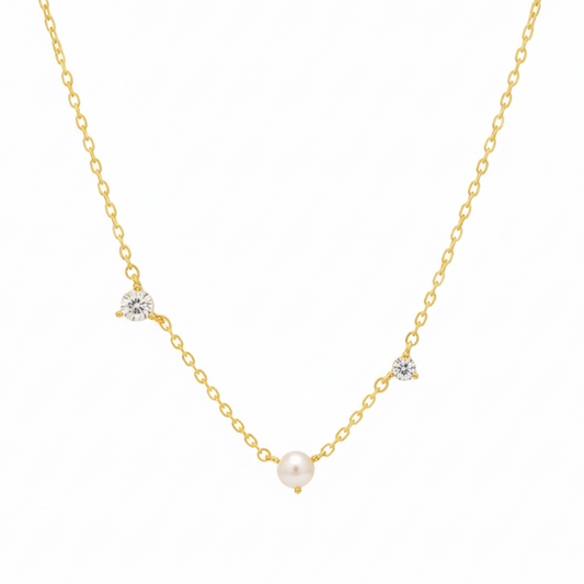 18K Gold Plated Cz Stud And Gemstone Charm Necklace