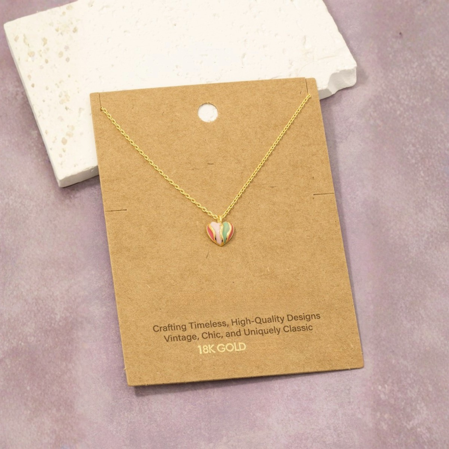 18K Gold Plated Rainbow Enamel Heart Pendant Necklace