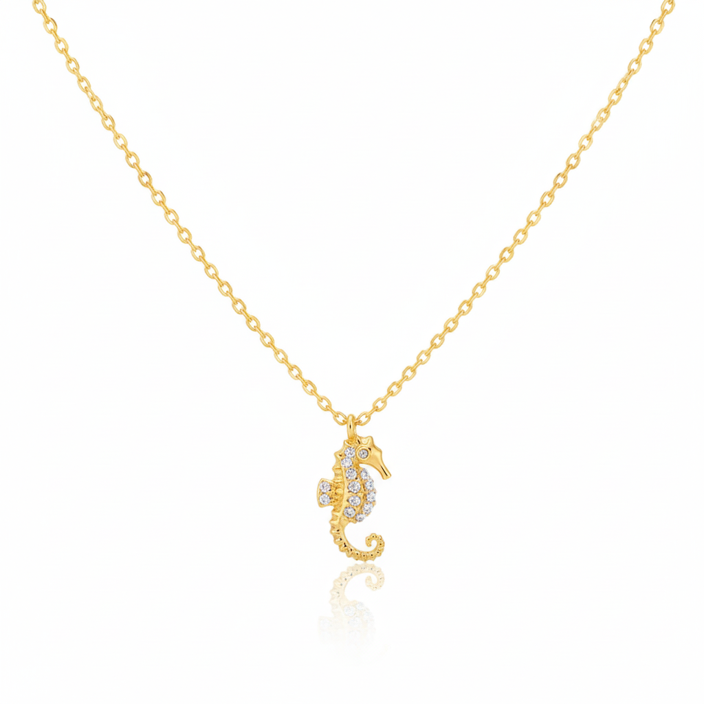 18K Gold Plated Pave Sea Horse Pendant Necklace - Love Mi