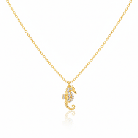 18K Gold Plated Pave Sea Horse Pendant Necklace - Love Mi