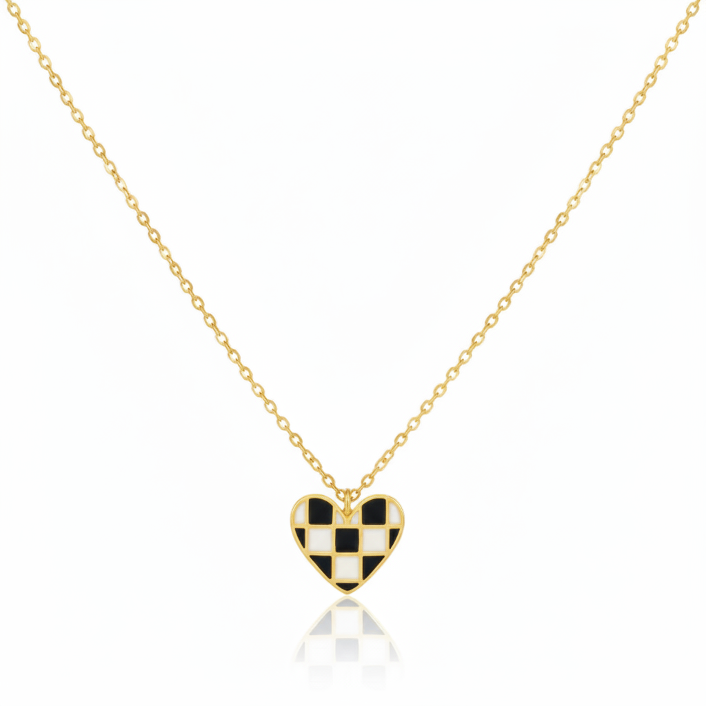18K Gold Plated Epoxy Checkered Heart Pendant Necklace - Love Mi