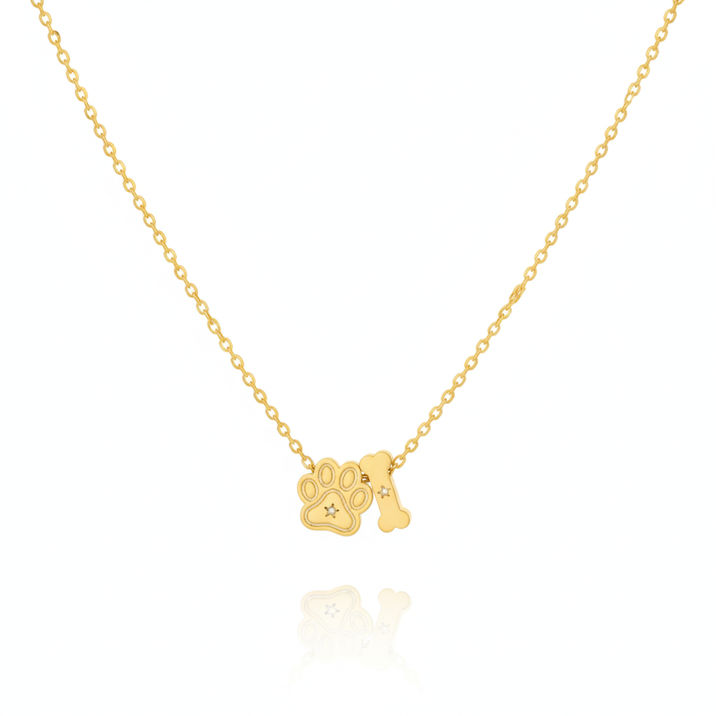 18K Gold Plated Dog Paw And Bone Charms Necklace