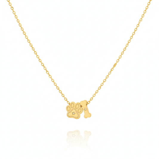 18K Gold Plated Dog Paw And Bone Charms Necklace