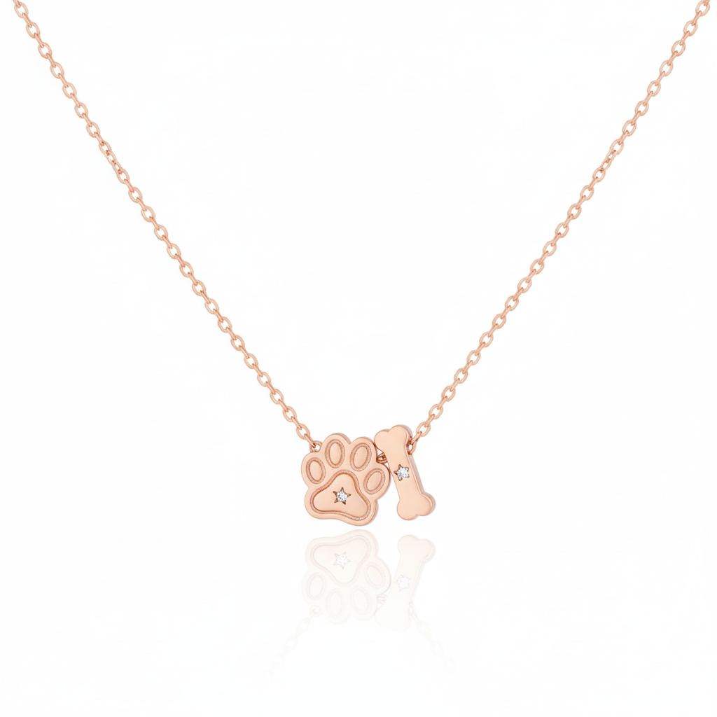 18K Gold Plated Dog Paw And Bone Charms Necklace