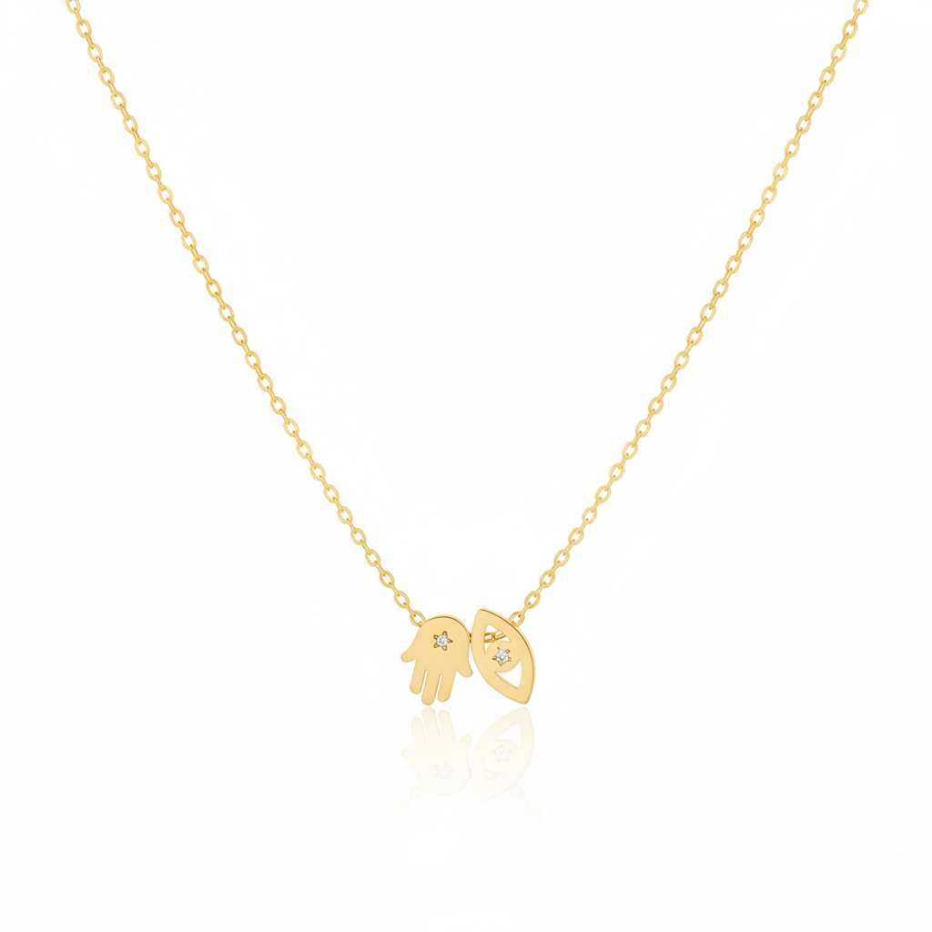 18K Gold Plated Hamsa Hand Evil Eye Pendant Necklace