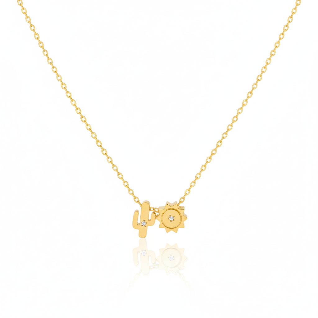 18K Gold Plated Cactus And Sun Charms Necklace