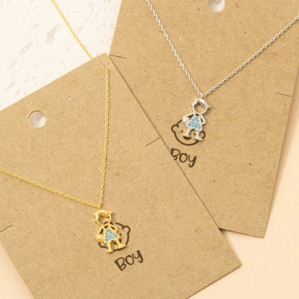 18K Gold Plated CZ Studded Boy Figure Pendant Necklace