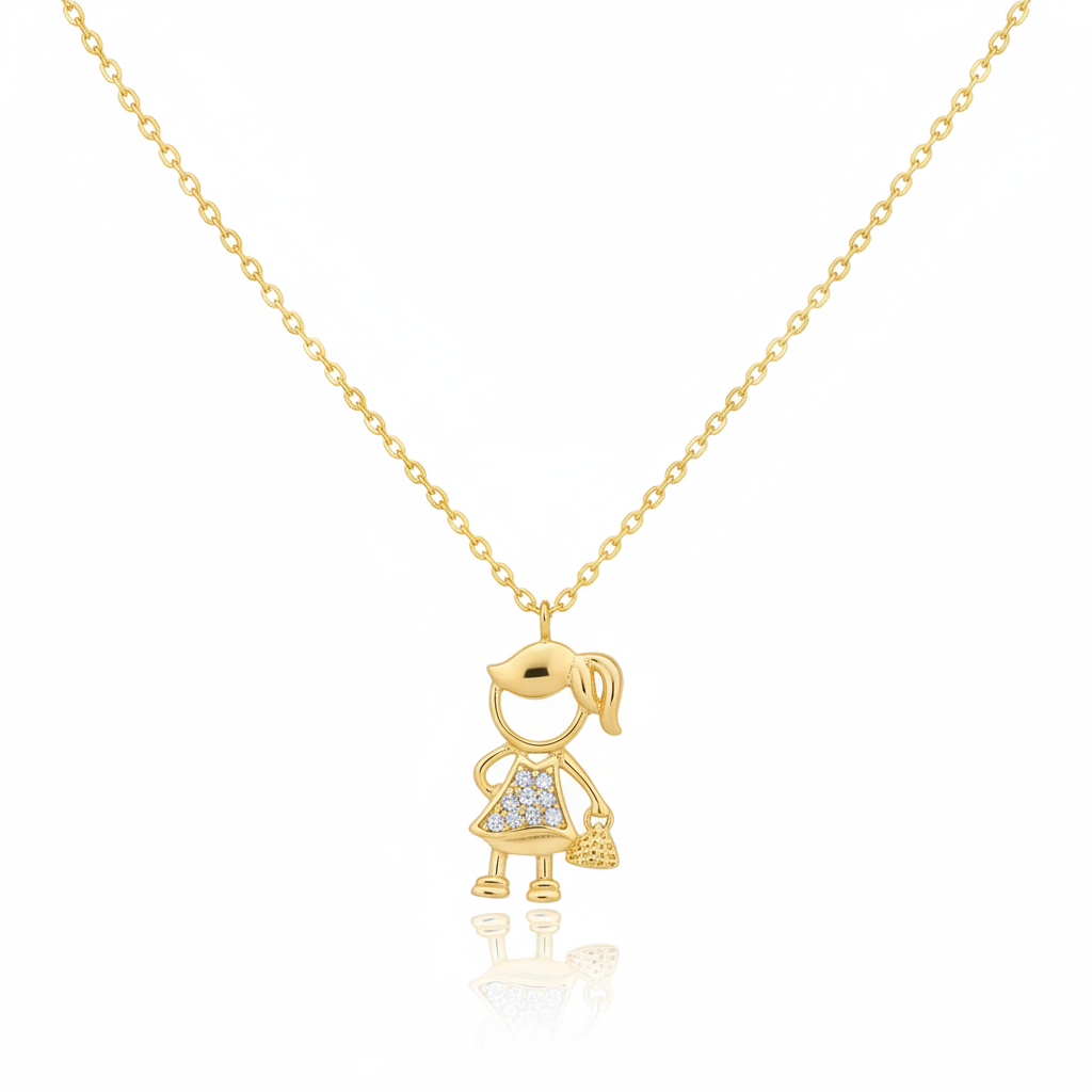 18K Gold Plated CZ Studded Girl Figure Pendant Necklace