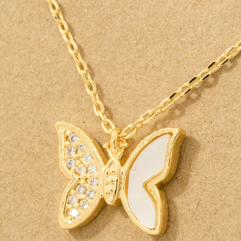 18K Gold Plated Shell and CZ Pave Butterfly Pendant Necklace