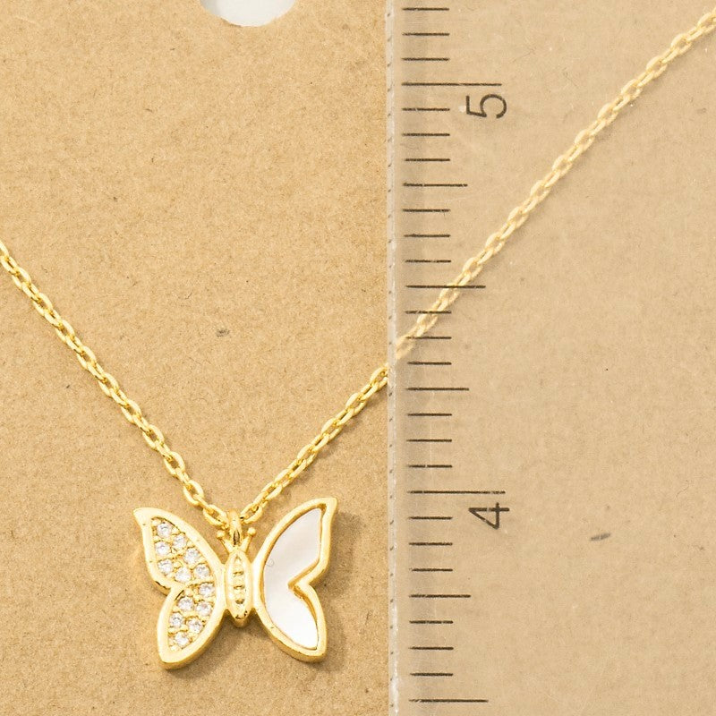 18K Gold Plated Shell and CZ Pave Butterfly Pendant Necklace