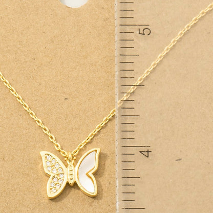 18K Gold Plated Shell and CZ Pave Butterfly Pendant Necklace