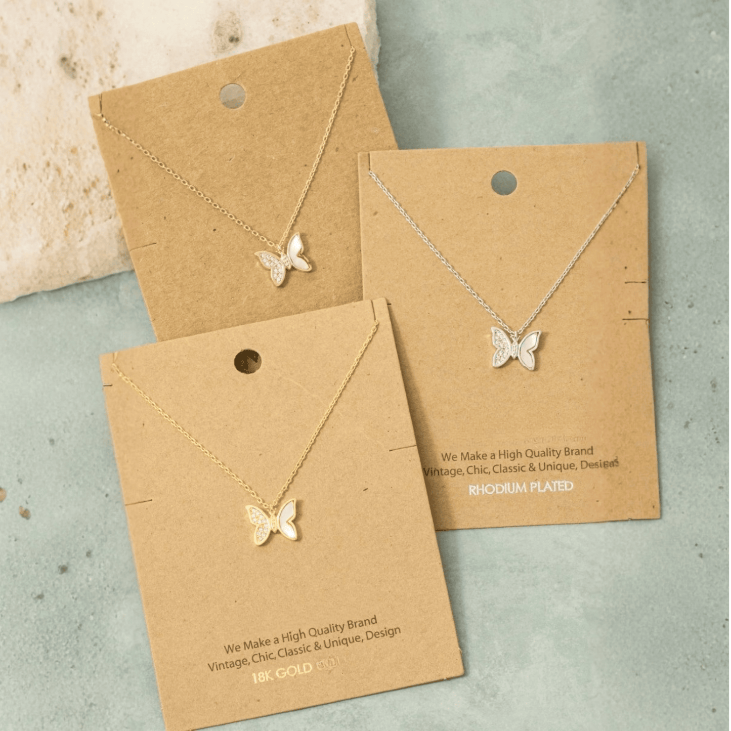 18K Gold Plated Shell and CZ Pave Butterfly Pendant Necklace