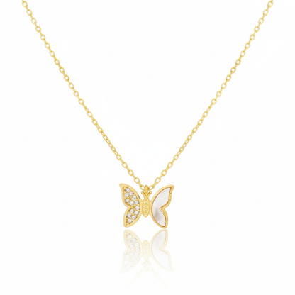 18K Gold Plated Shell and CZ Pave Butterfly Pendant Necklace