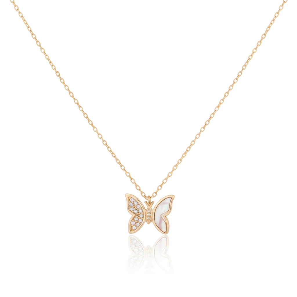 18K Gold Plated Shell and CZ Pave Butterfly Pendant Necklace